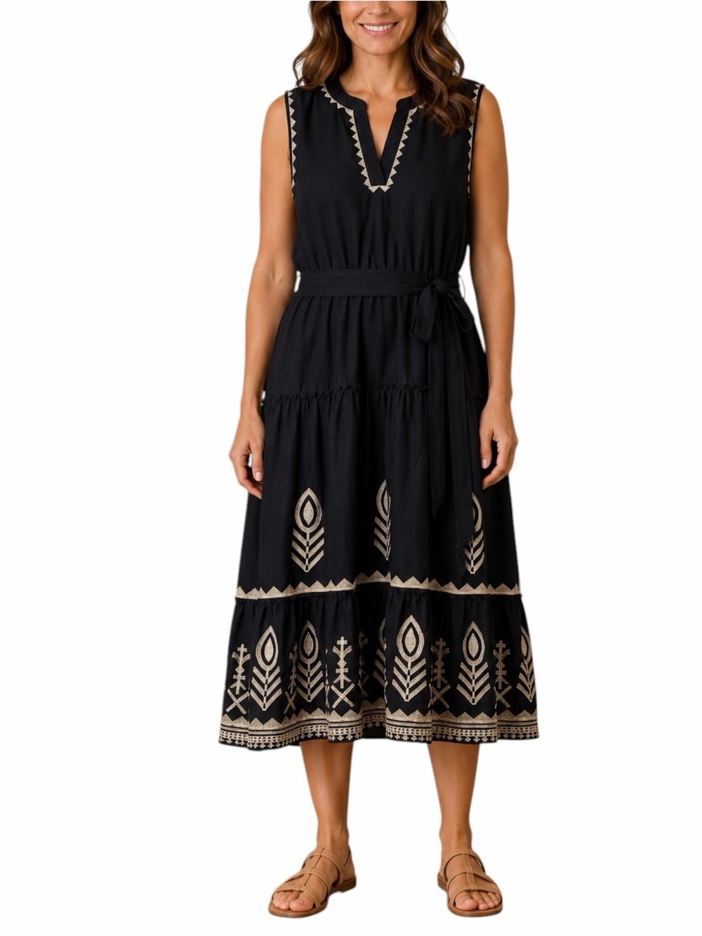 Soft Surroundings Embroidered Tiered Midi Dress Size 2X Linen Blend Belted Black